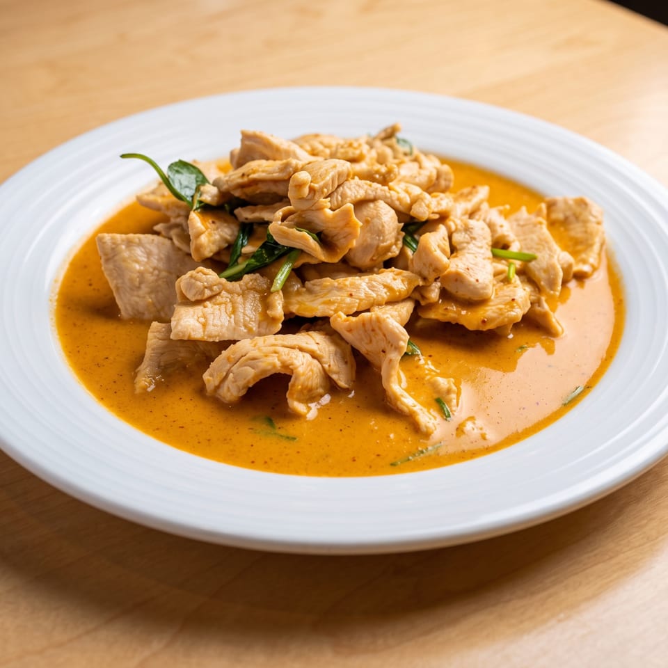 Sliced chicken in creamy orange curry sauce, garnished with fresh green herbs, served on a white plate.