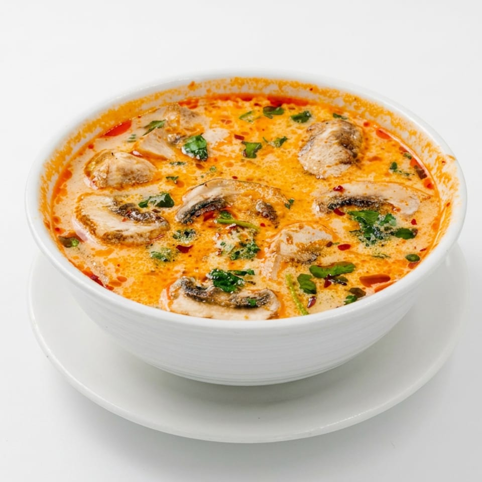 Bowl of creamy orange soup topped with mushrooms, herbs, chili flakes, and sliced vegetables on a white saucer.