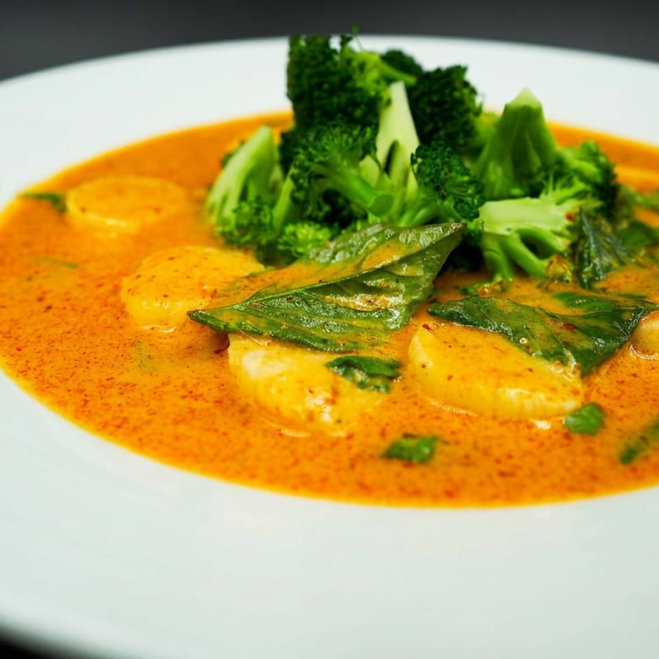 Shrimp and broccoli served in a vibrant orange curry sauce with fresh green leaves on a white plate.