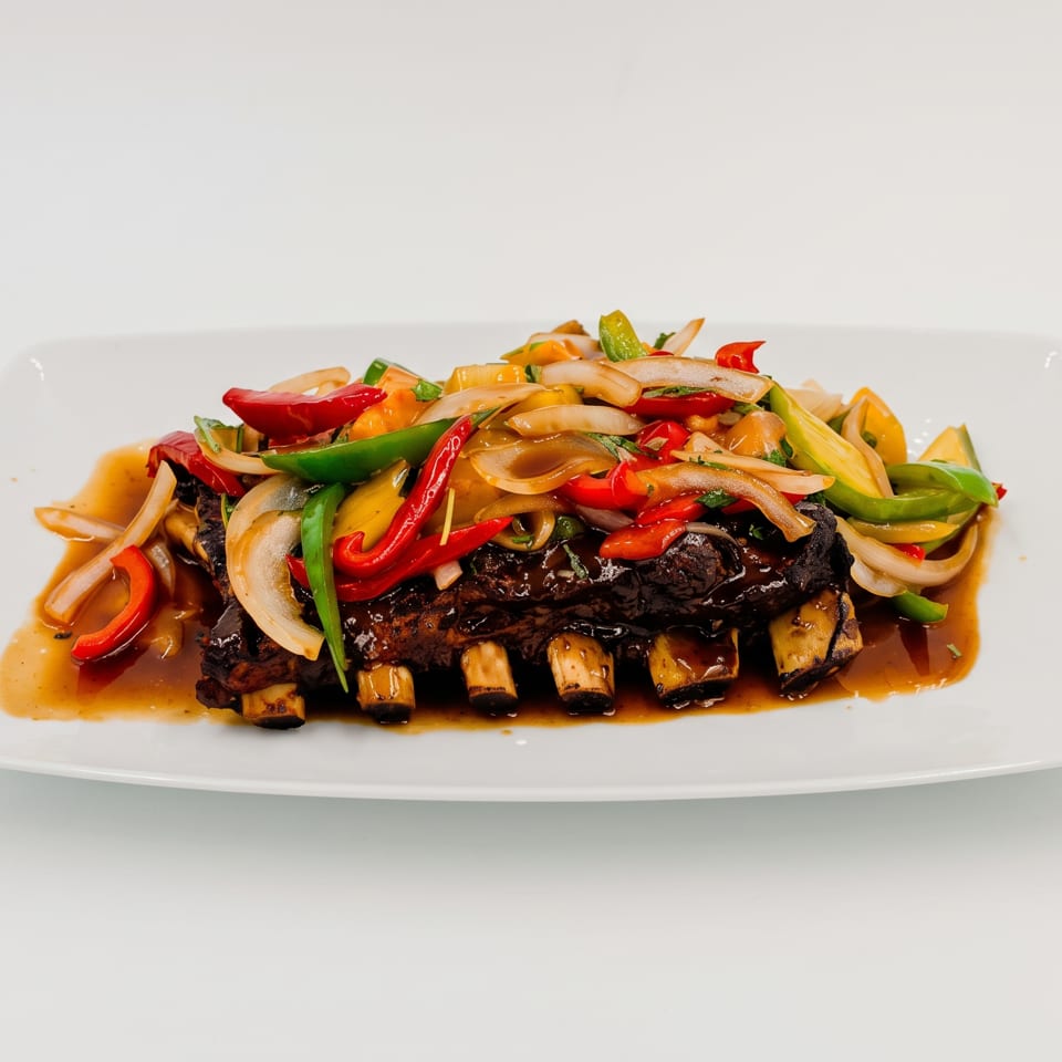 Glazed grilled beef topped with sautéed onions and colorful peppers, served with roasted vegetables on a white plate.