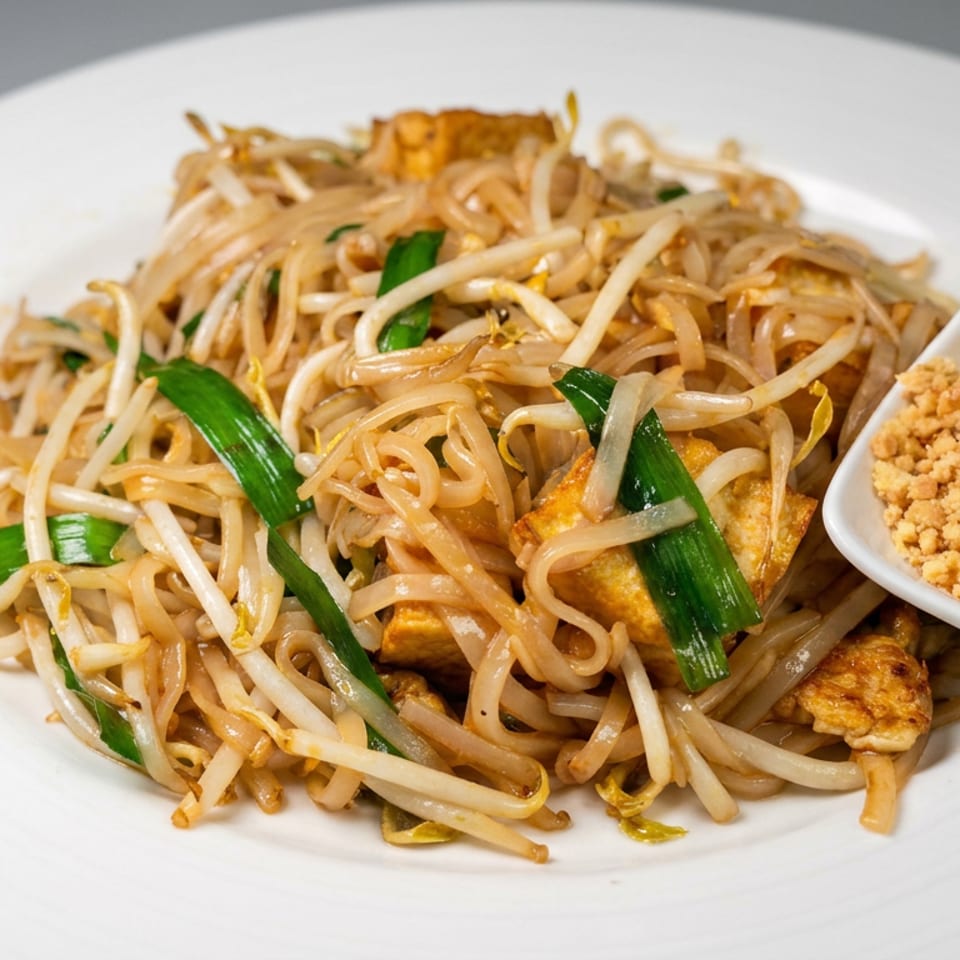 Thai-style stir-fried noodles with bean sprouts, green onions, tofu, and crushed peanuts served on a white plate.