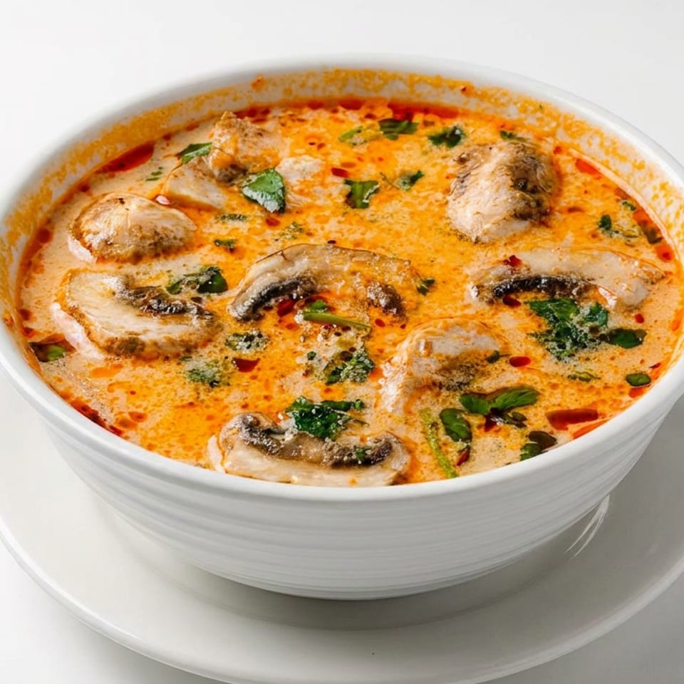 Bowl of creamy orange soup with sliced mushrooms, herbs, and red chili flakes on a white saucer.