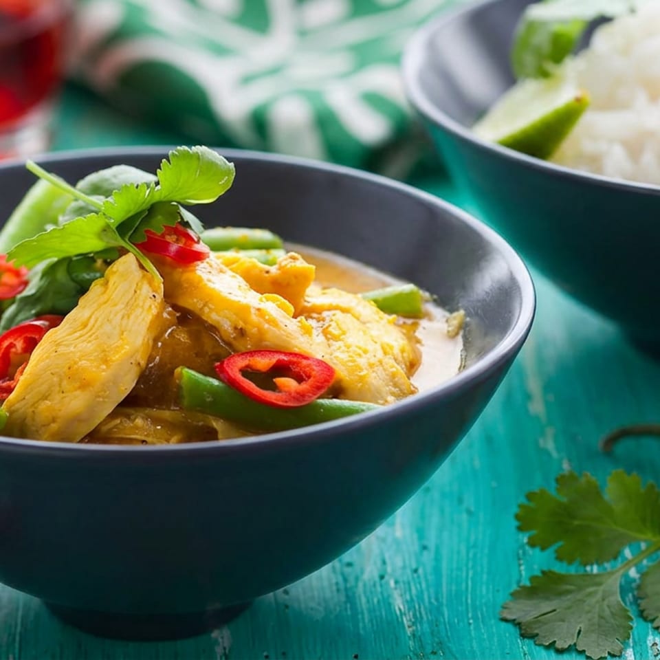 Bowl of creamy chicken curry with green beans, red chilies, and cilantro, served beside white rice on a turquoise table.