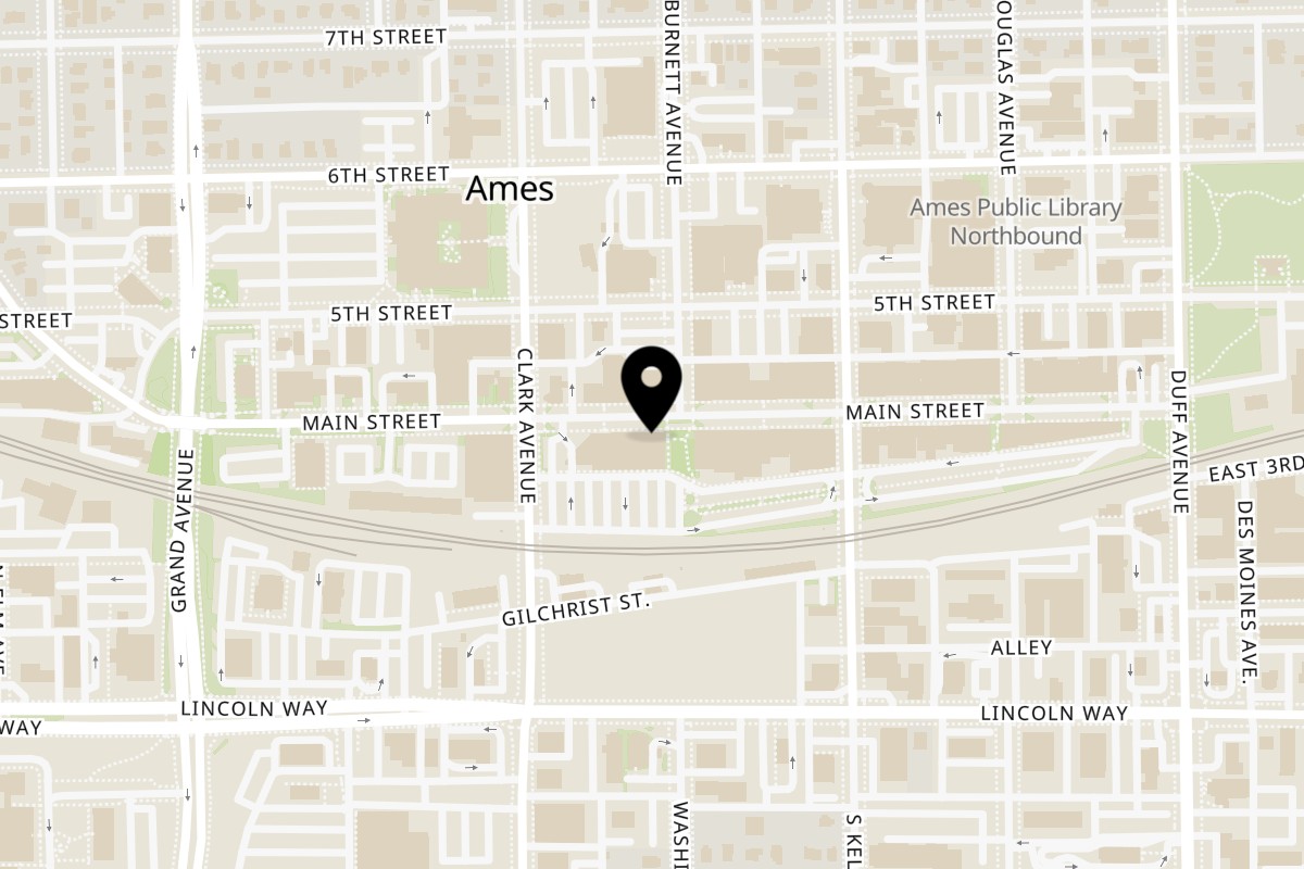 Map showing the location of The Spice Thai Cuisine on 402 Main St in Ames